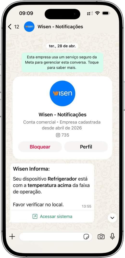 Celular mostrando a notificação da Wisen no WhatsApp: Seu dispositivo Refrigerador está com a temperatura acima da faixa de operação. Favor verificar no local.