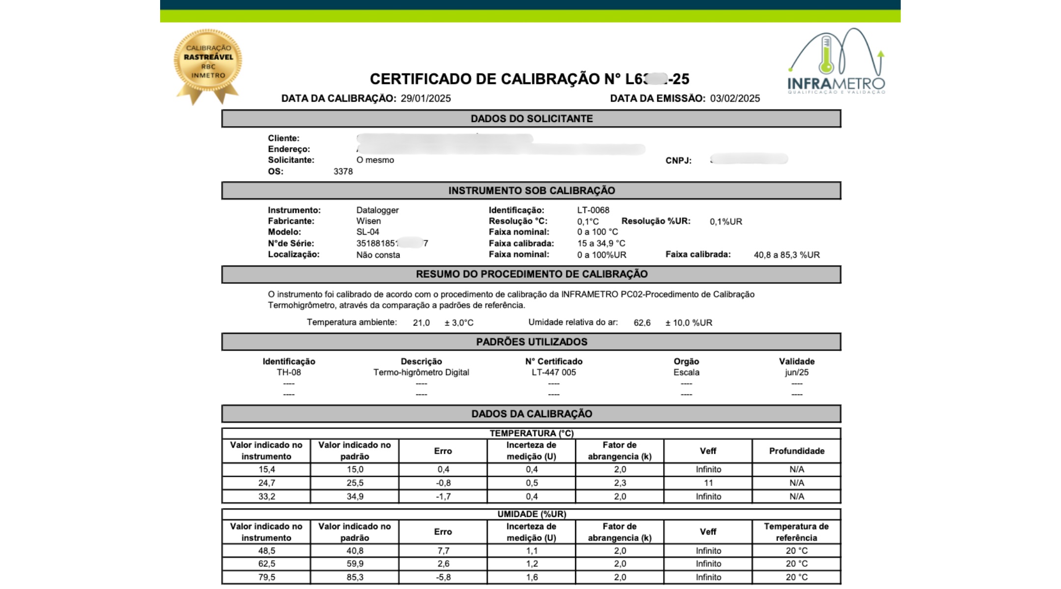 Certificado de calibração emitido pela INFRAMETRO para um datalogger Wisen, com o selo de calibração rastreável RBC e as tabelas de erro e incerteza de medição para temperatura e umidade. Os dados do cliente estão borrados.