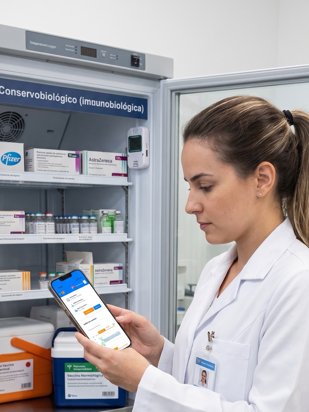 Farmacêutica de jaleco consultando o aplicativo da Wisen no celular, diante do refrigerador de imunobiológicos. O sensor da Wisen aparece fixado na parede interna do equipamento.
