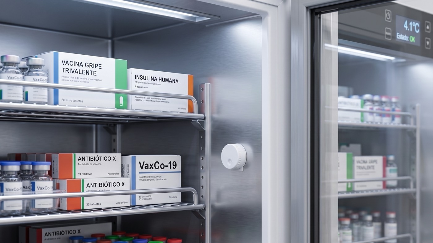 Sensor Wisen fixado na parede interna de um refrigerador de farmácia, entre prateleiras com vacinas, insulina e antibióticos. O display do equipamento marca 4,1 graus Celsius.