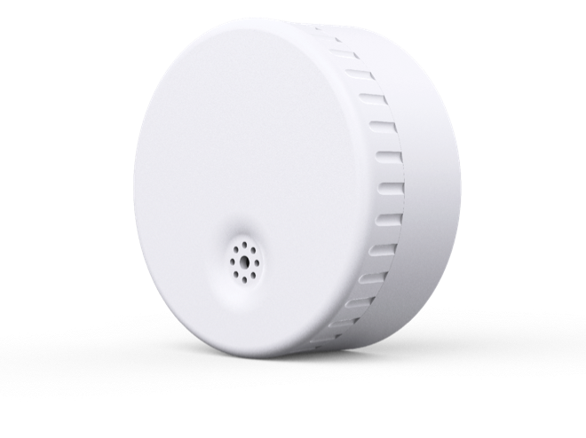 Sensor Wisen de temperatura e umidade: disco branco com grade de ventilação na lateral e entrada de ar na face frontal.